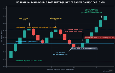 Ảnh minh họa: Mô hình Hai đỉnh (Double Top) thất bại: Bẫy ép bán tại đường viền cổ và bài học kỷ luật cắt lỗ -1R