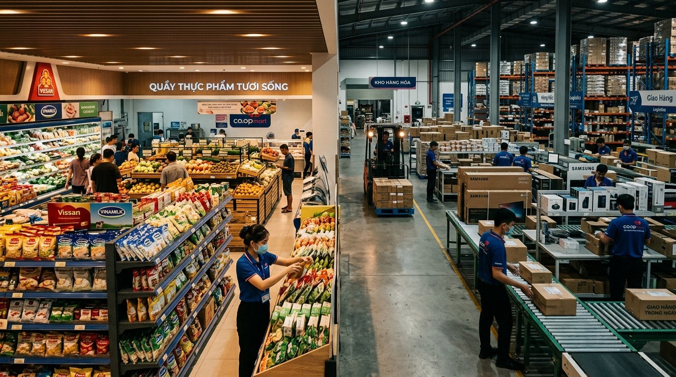 Không gian vận hành siêu thị bán lẻ hàng tiêu dùng tươi sống và trung tâm phân phối logistics hàng điện tử công nghệ