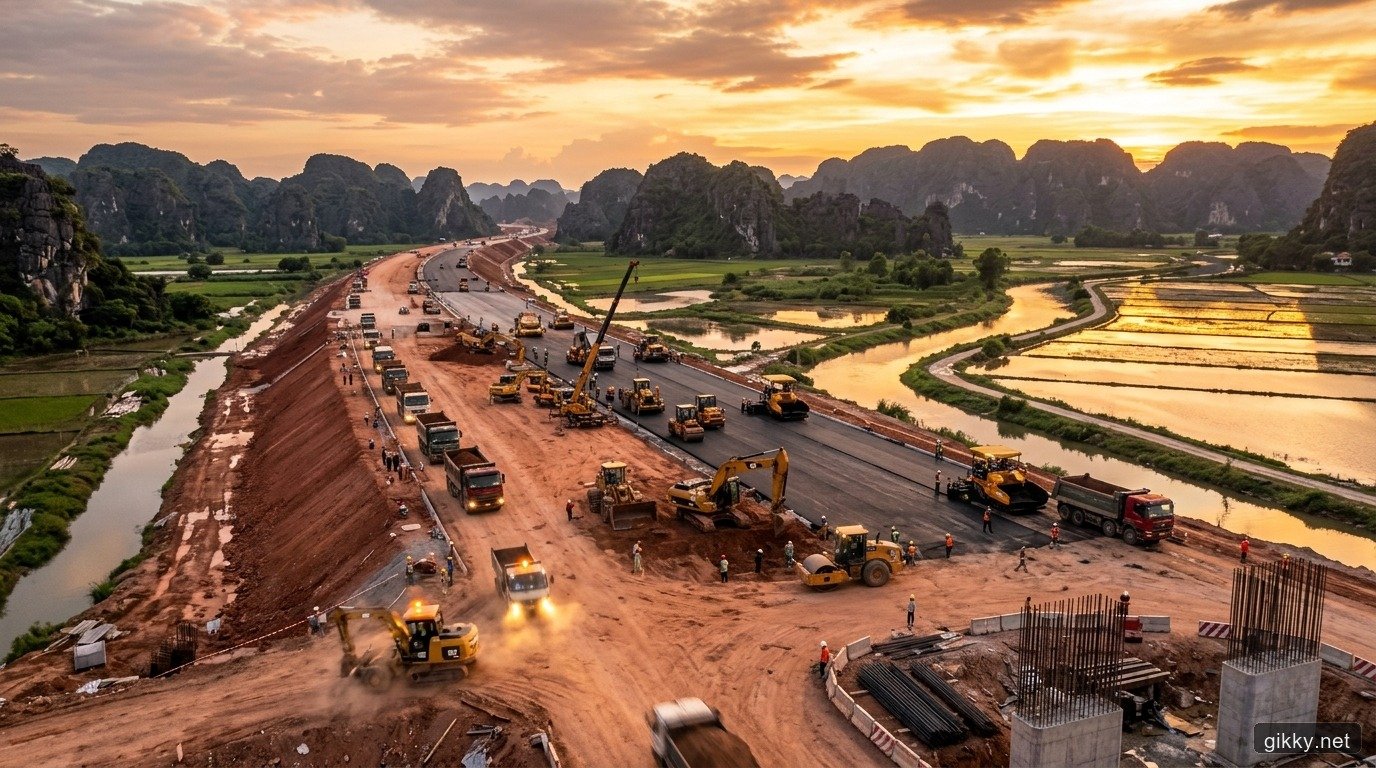 Đại công trường thi công cao tốc giao thông trọng điểm quốc gia lúc hoàng hôn