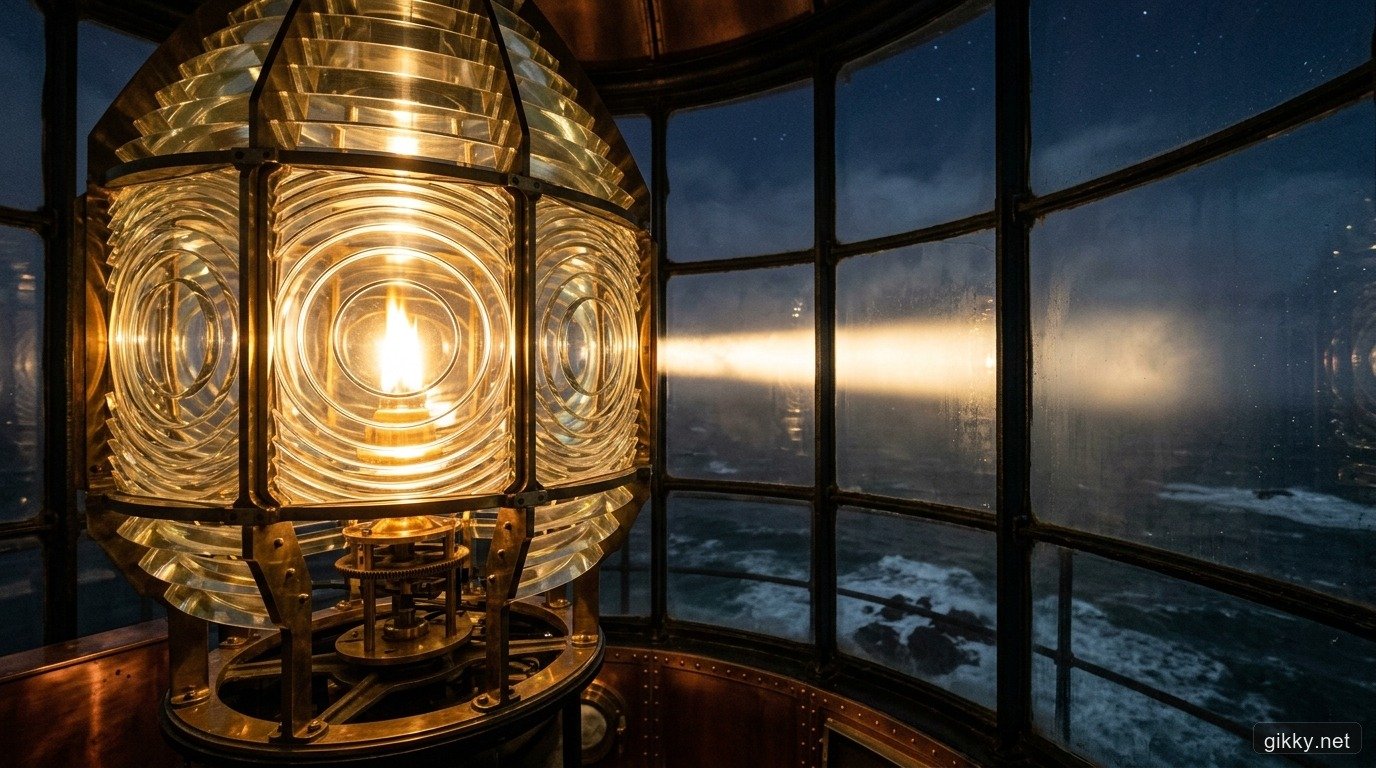 Thấu kính Fresnel bằng thủy tinh đồng tâm bên trong ngọn hải đăng cổ chiếu luồng sáng song song ra biển đêm