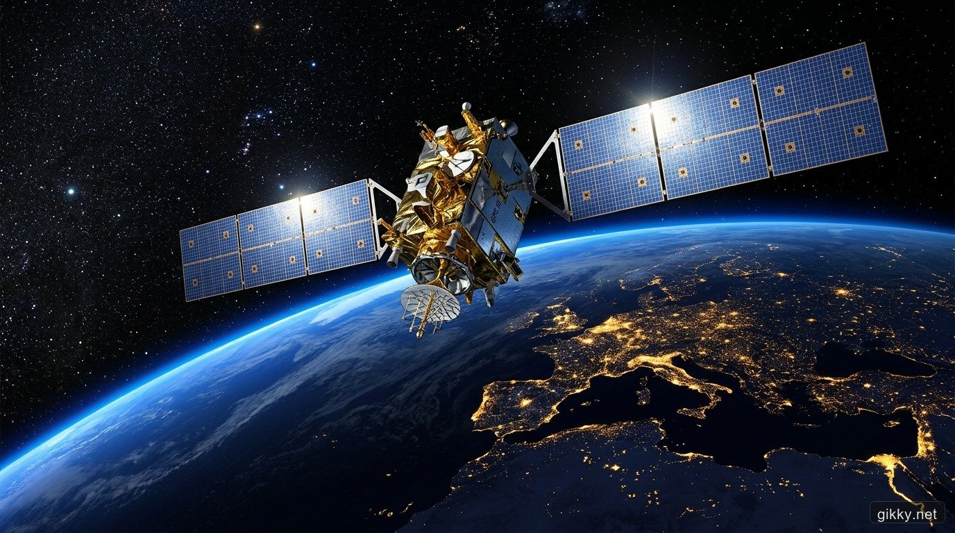 Vệ tinh định vị toàn cầu GPS trên quỹ đạo cao 20.200 km phía trên đường cong Trái Đất rực sáng ban đêm