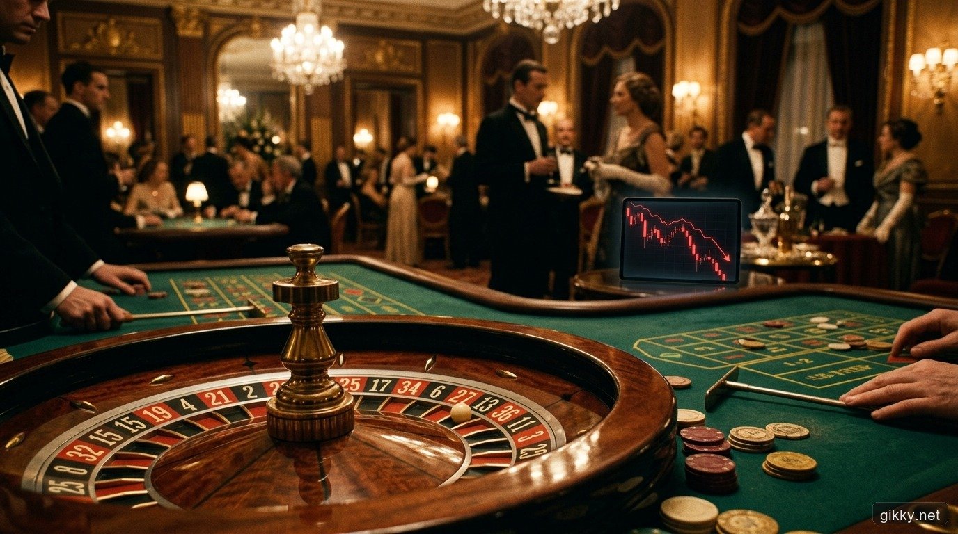 Bàn quay Roulette tại sòng bạc Monte Carlo 1913 đặt cạnh biểu đồ chứng khoán giảm sàn liên tiếp minh họa Ngụy biện con bạc Gambler's Fallacy