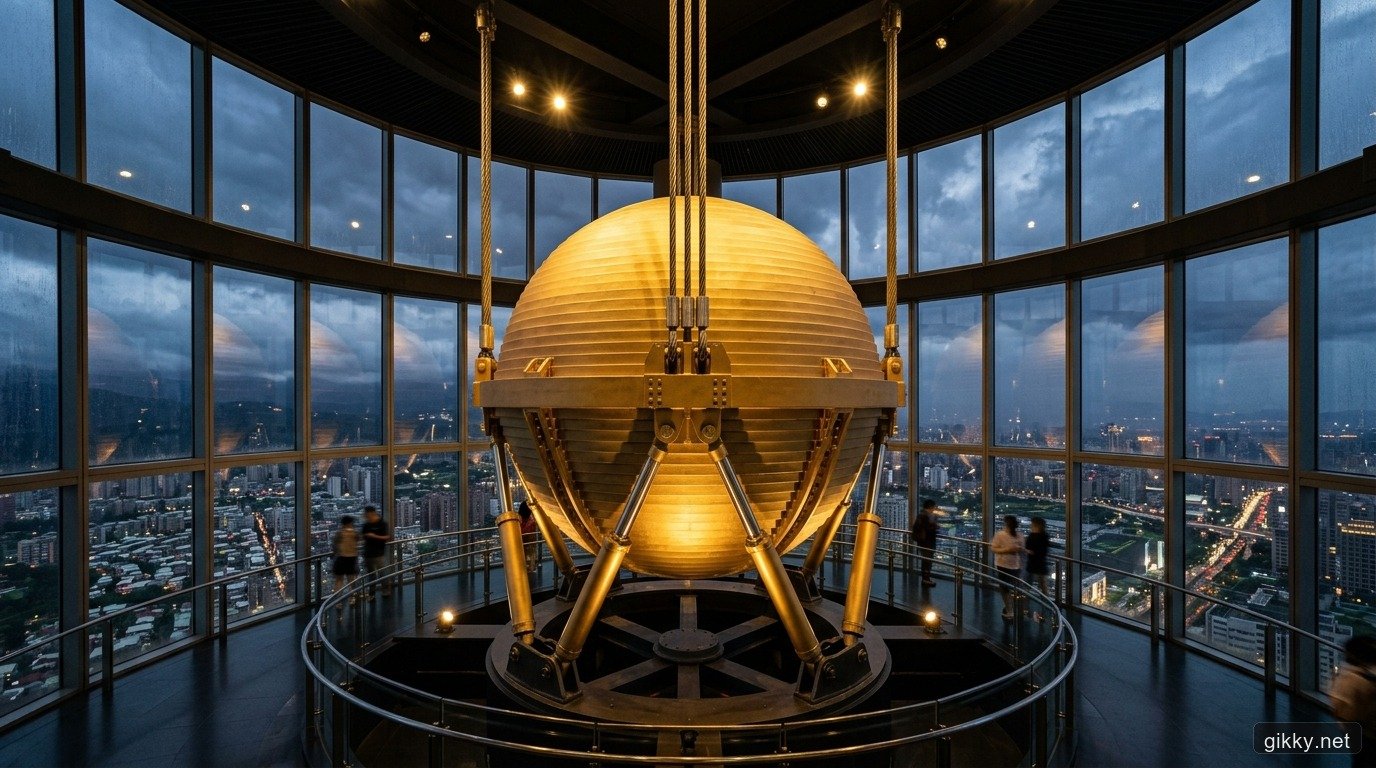 Quả cầu giảm chấn bằng thép mạ vàng nặng 660 tấn treo lơ lửng bên trong tòa tháp Taipei 101 giữa cơn bão chiều tối