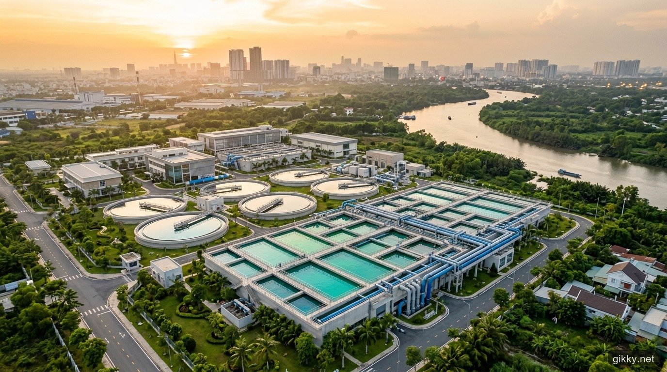 Toàn cảnh nhà máy xử lý nước sạch hiện đại với hệ thống bể lắng lọc và đường ống truyền tải cấp nước đô thị và khu công nghiệp