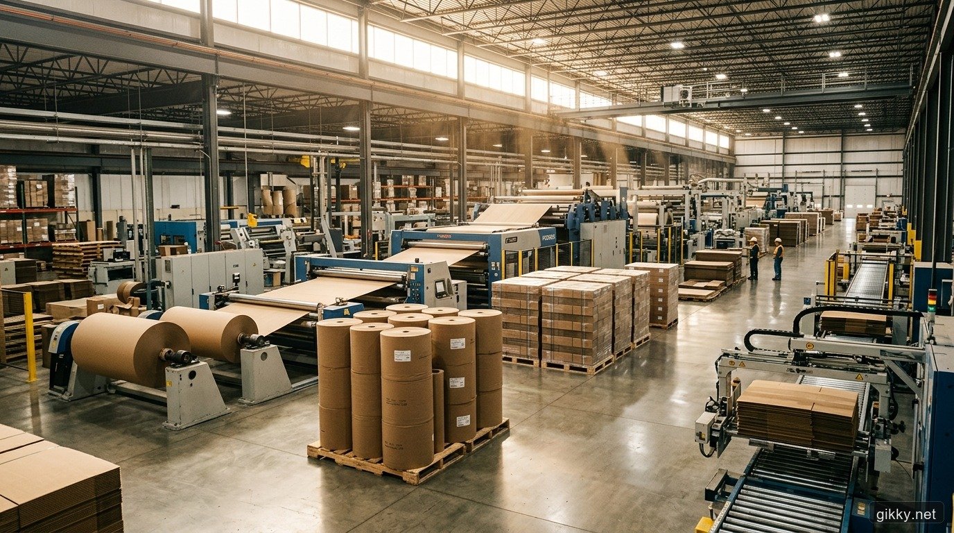 Dây chuyền sản xuất bao bì giấy công nghiệp tự động hóa và kho cuộn giấy kraft tại nhà máy hiện đại ở Việt Nam