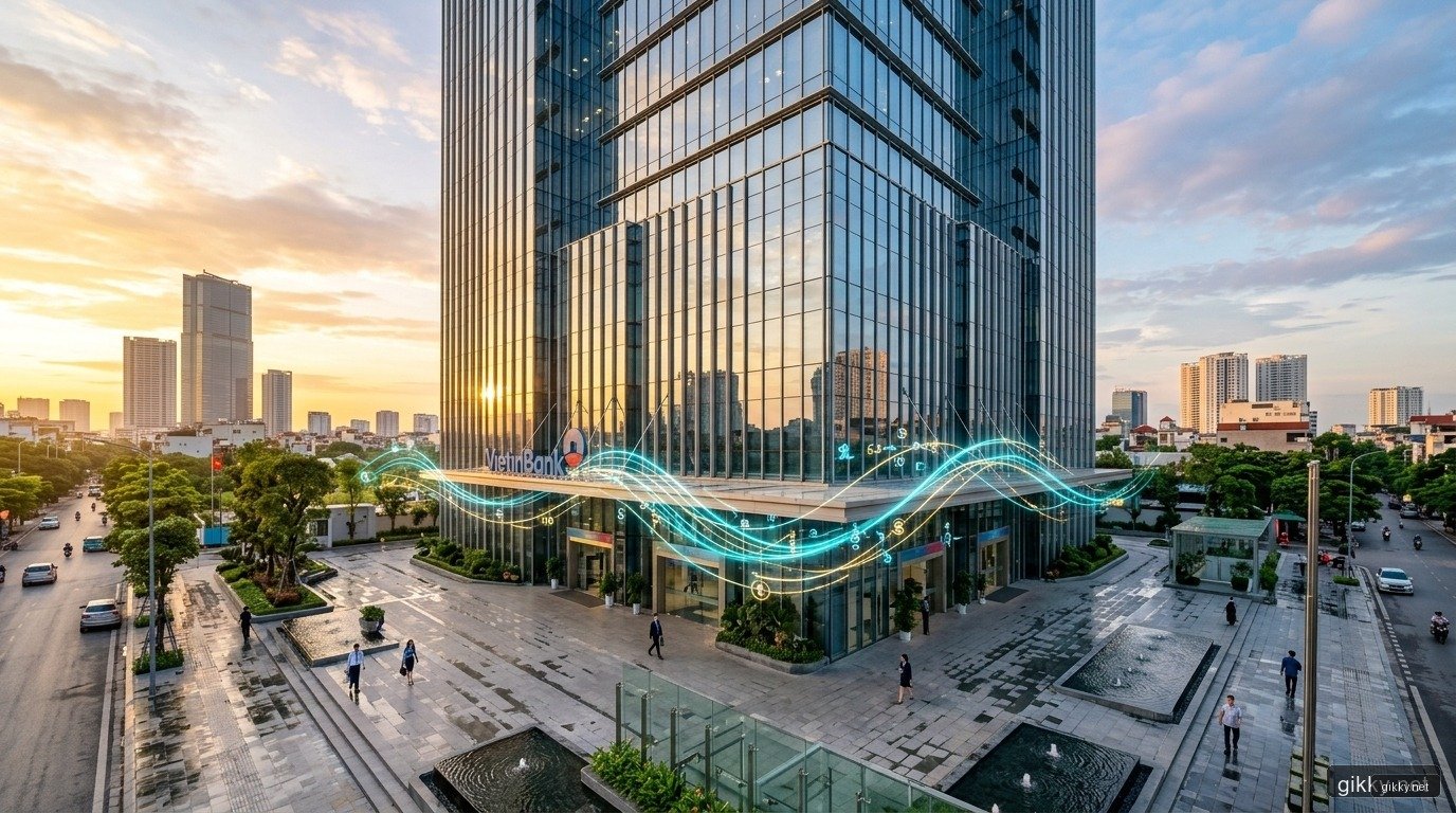 Tòa nhà trụ sở ngân hàng hiện đại phản chiếu ánh nắng bình minh và các luồng dữ liệu tài chính