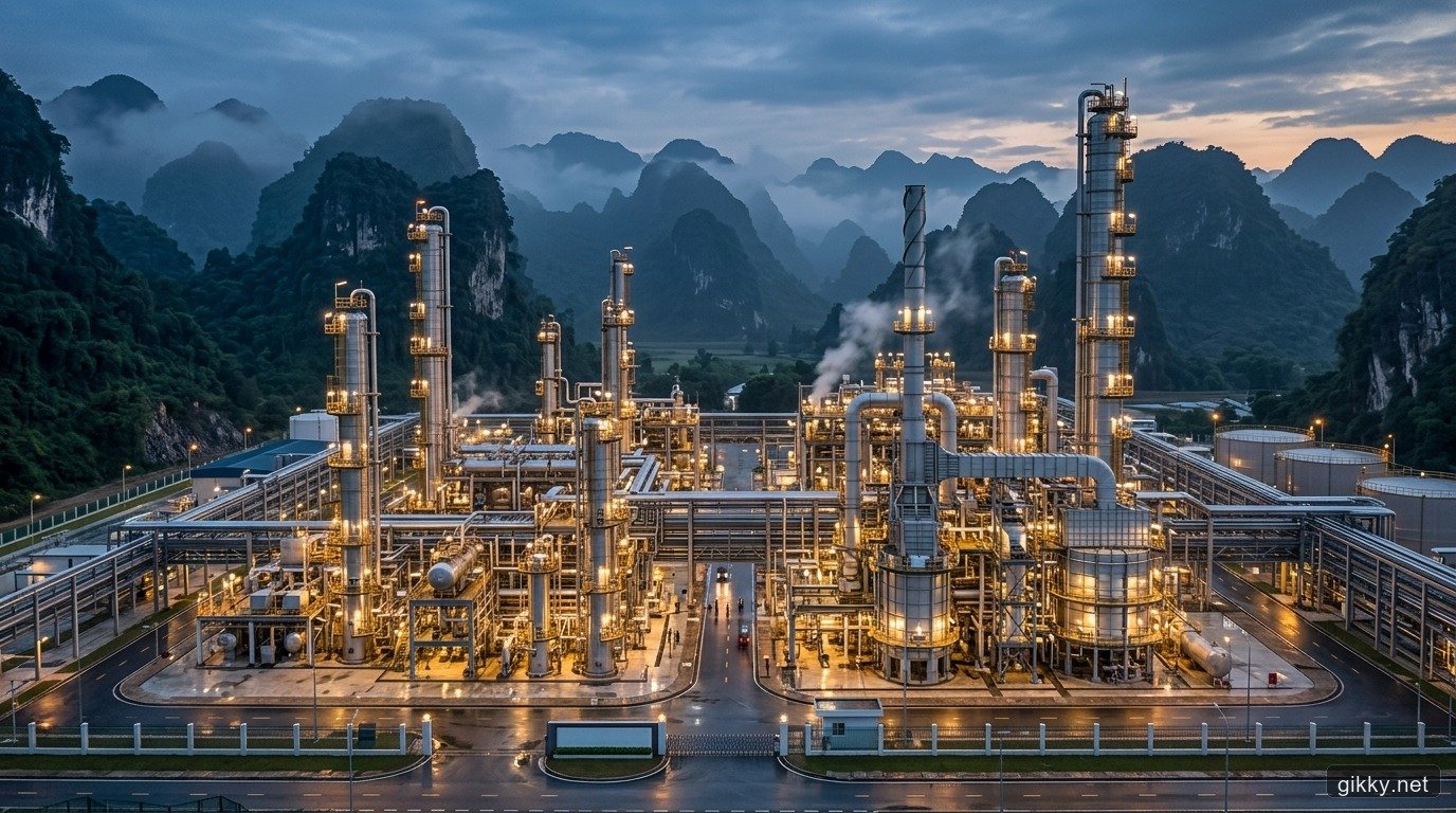 Tổ hợp nhà máy tinh luyện photpho vàng và hóa chất công nghiệp hiện đại trong ánh hoàng hôn với dãy tháp chưng cất và hệ thống xử lý khí thải đạt chuẩn môi trường