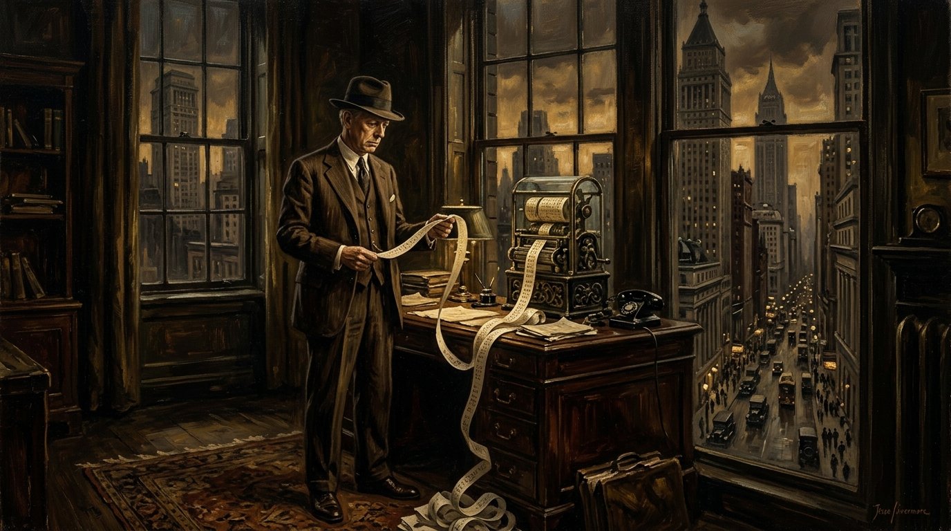 Bức họa chân dung Jesse Livermore đứng trầm ngâm xem dải băng giá ticker tape bên cửa sổ nhìn ra các toà cao ốc phố Wall