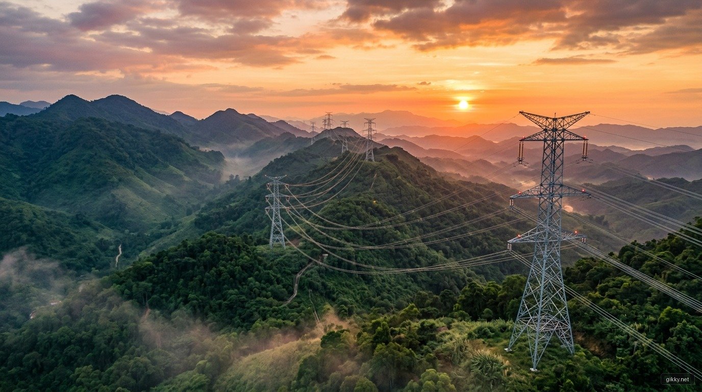 Hệ thống cột thép truyền tải điện siêu cao thế 500kV mạch 3 vắt qua các dãy núi miền Trung