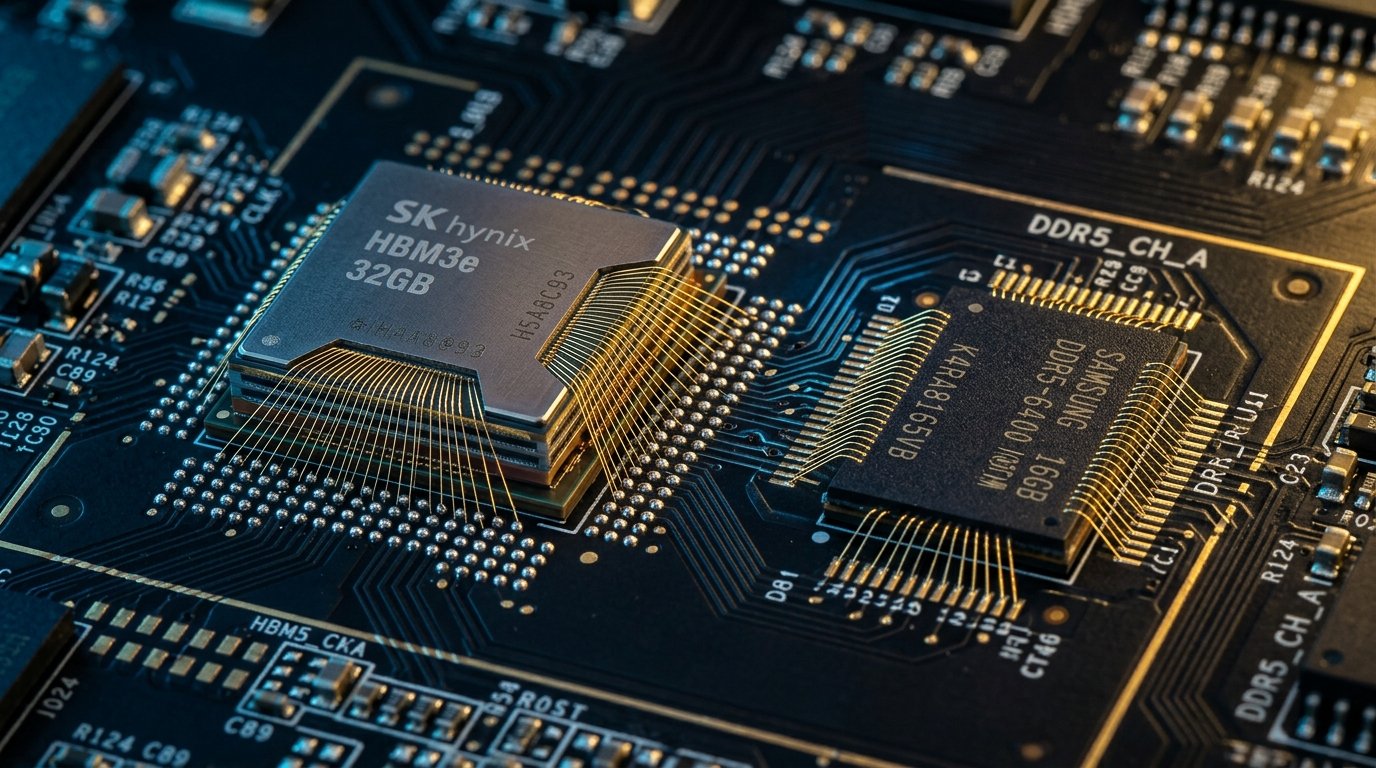 Cận cảnh chip nhớ băng thông cao HBM3e và chip DRAM trên bo mạch chủ