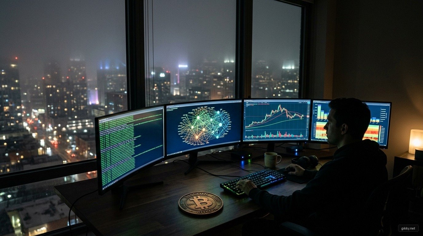 Góc làm việc phân tích on-chain đêm khuya với mạng lưới đồ thị dòng tiền Bitcoin và thành phố mờ sương