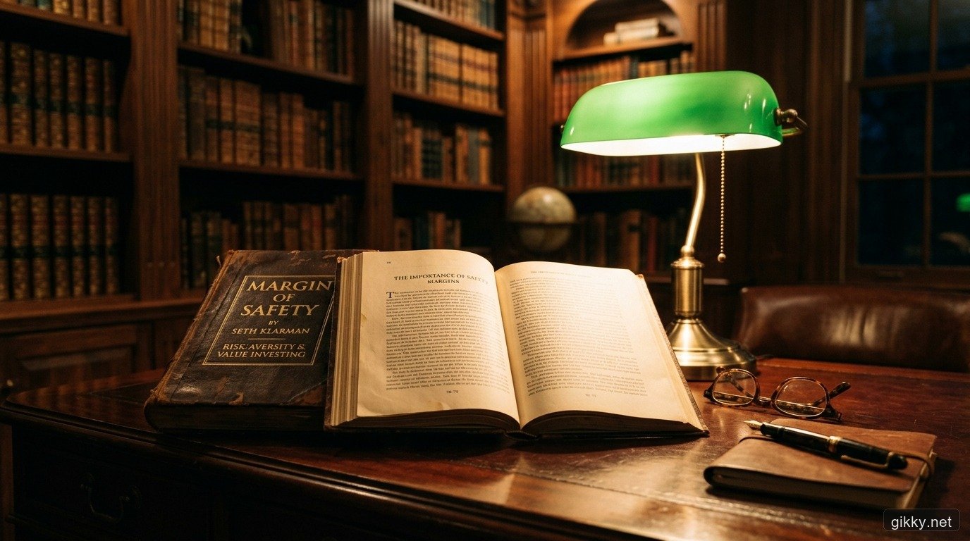 Cuốn sách kinh điển Margin of Safety của Seth Klarman mở trên bàn gỗ gụ thư viện đêm