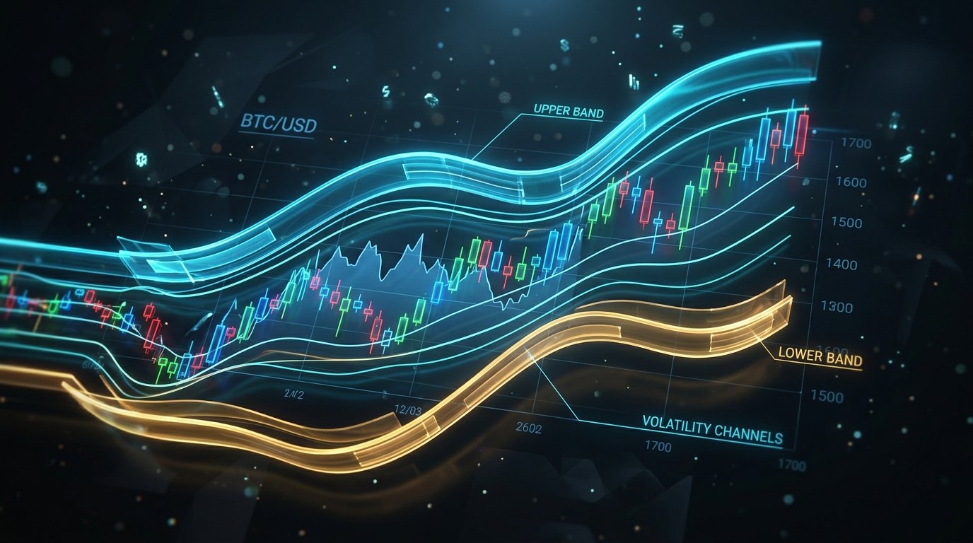 Mô hình thị giác không gian ba chiều mô phỏng các kênh biến động giá và dải bao hàm Double Bollinger Bands