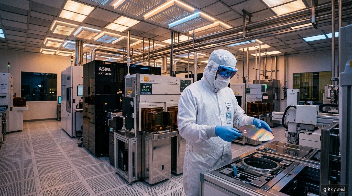 Kỹ sư trong trang phục phòng sạch ISO Class 1 kiểm tra tấm wafer silicon 300mm dưới ánh đèn vàng dịu
