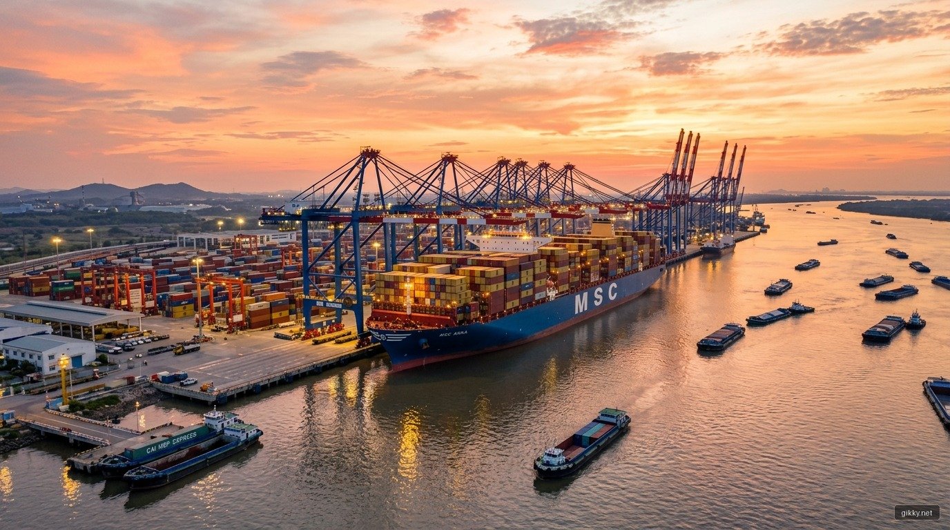 Cụm cảng nước sâu container Cái Mép Thị Vải lúc hoàng hôn đón siêu tàu 24000 TEU