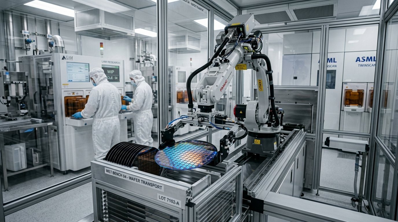Robot tự động vận chuyển khay wafer bán dẫn trong phòng sạch chuẩn quốc tế của nhà máy đóng gói chip