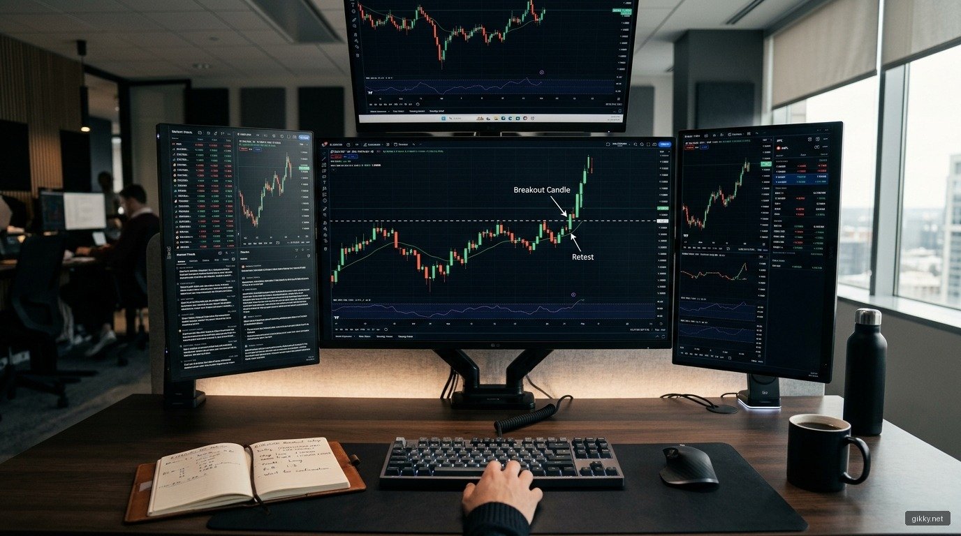 Bàn làm việc của trader phân tích biểu đồ kỹ thuật Dark Mode với mô hình Breakout và nhịp Retest nến Pin Bar