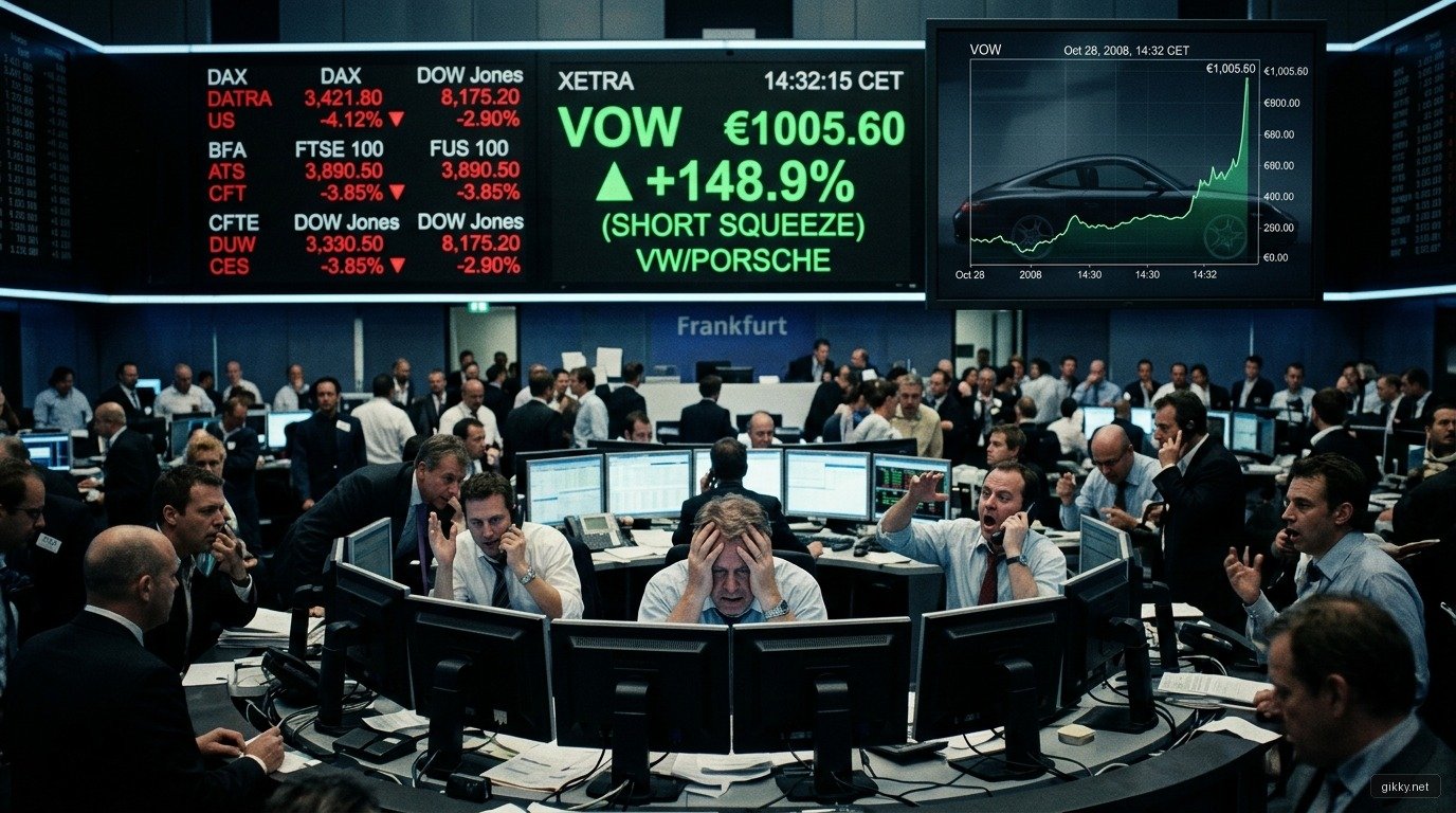 Sàn giao dịch chứng khoán Frankfurt náo loạn khi cổ phiếu Volkswagen đạt đỉnh 1005 EUR trong vụ Short Squeeze 2008