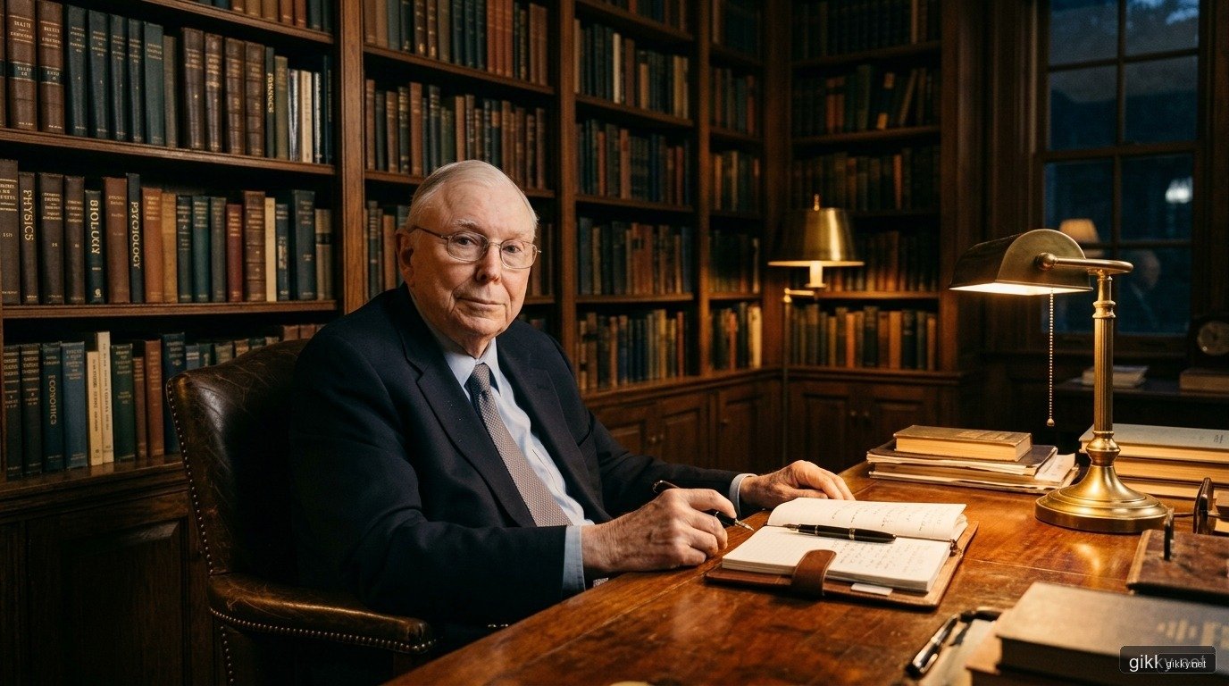 Chân dung Charlie Munger trong thư viện cổ điển với các giá sách tri thức đa ngành