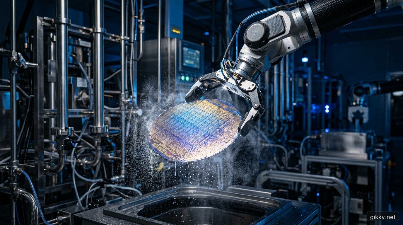 Tấm wafer bán dẫn silicon được làm sạch bằng nước siêu tinh khiết trong phòng sạch hiện đại