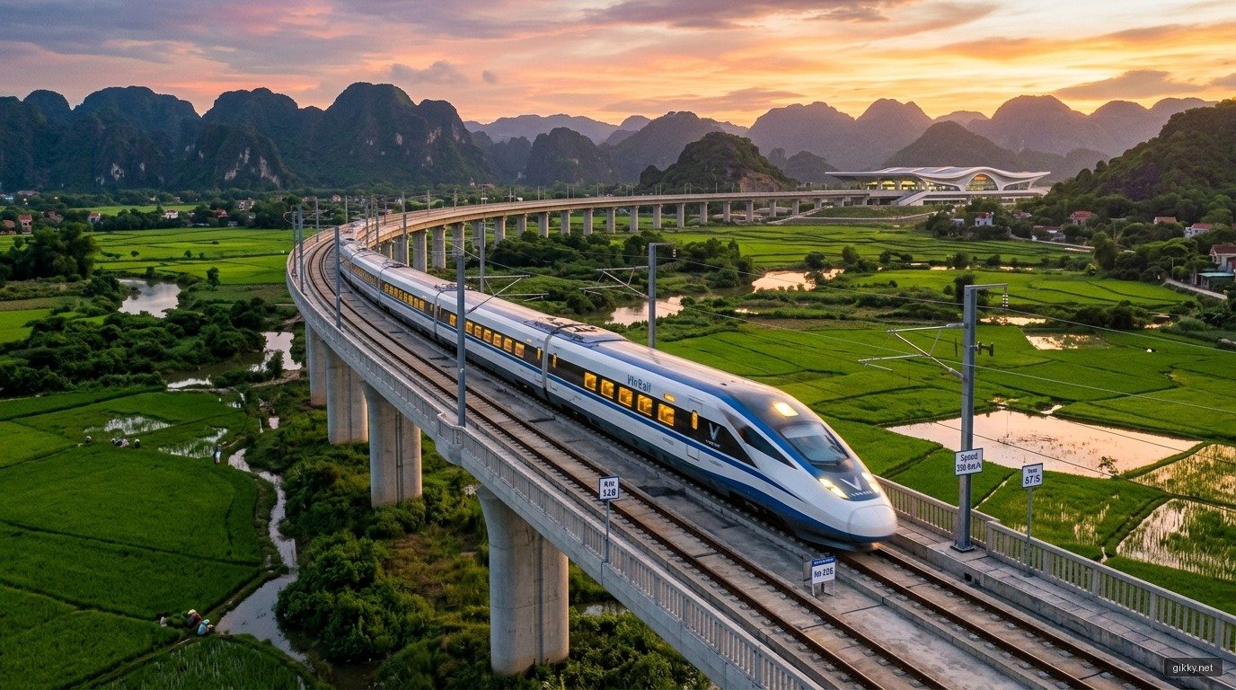 Đoàn tàu đường sắt tốc độ cao hiện đại chạy trên cầu cạn qua phong cảnh Việt Nam lúc hoàng hôn