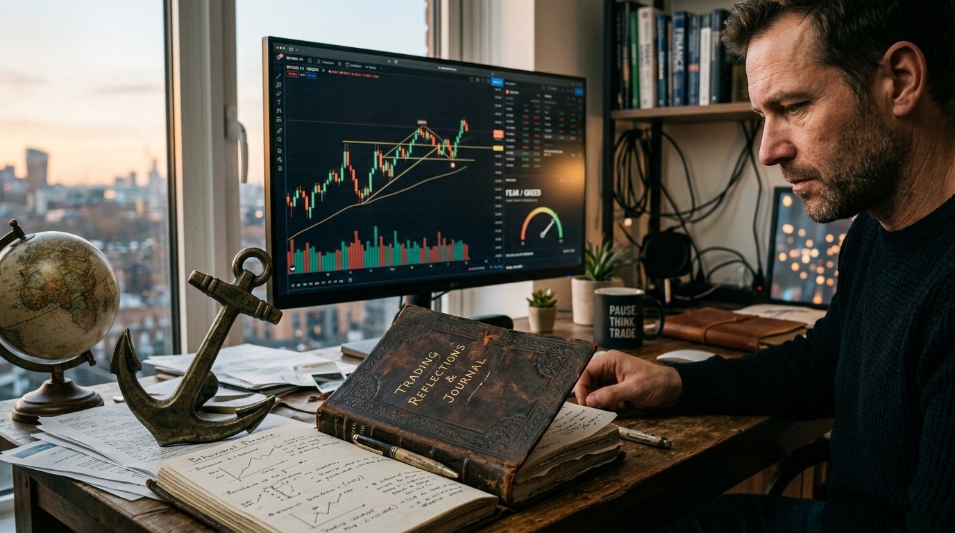 Bàn làm việc của nhà đầu tư với sổ nhật ký giao dịch và biểu tượng mỏ neo tâm lý trong tài chính hành vi