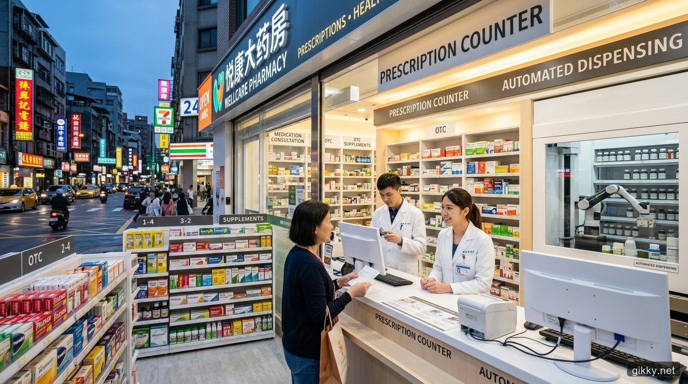 Không gian nhà thuốc bán lẻ hiện đại với quầy kê đơn tự động và dược sĩ tư vấn