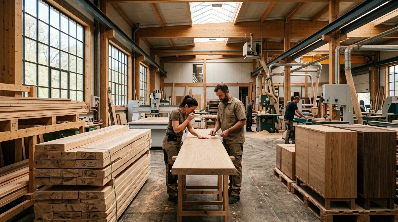 Xưởng sản xuất chế biến gỗ nội thất xuất khẩu với các kiện gỗ rừng trồng đạt chuẩn chứng chỉ FSC