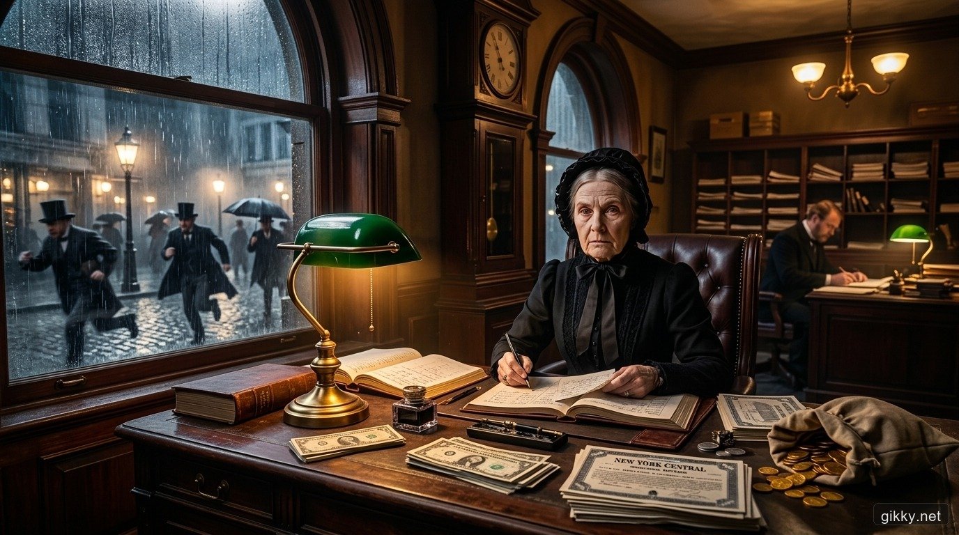 Hetty Green ngồi trầm tĩnh kiểm tra sổ sách và tiền mặt tại Chemical National Bank trong đêm khủng hoảng Phố Wall