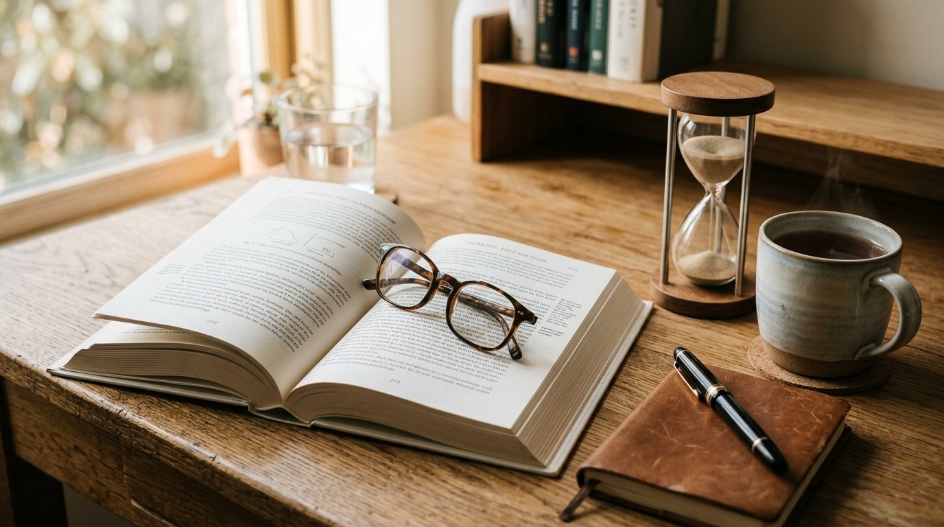 Trang sách mở về tâm lý học hành vi và tài chính bên cạnh đồng hồ cát biểu trưng cho tính kiên nhẫn
