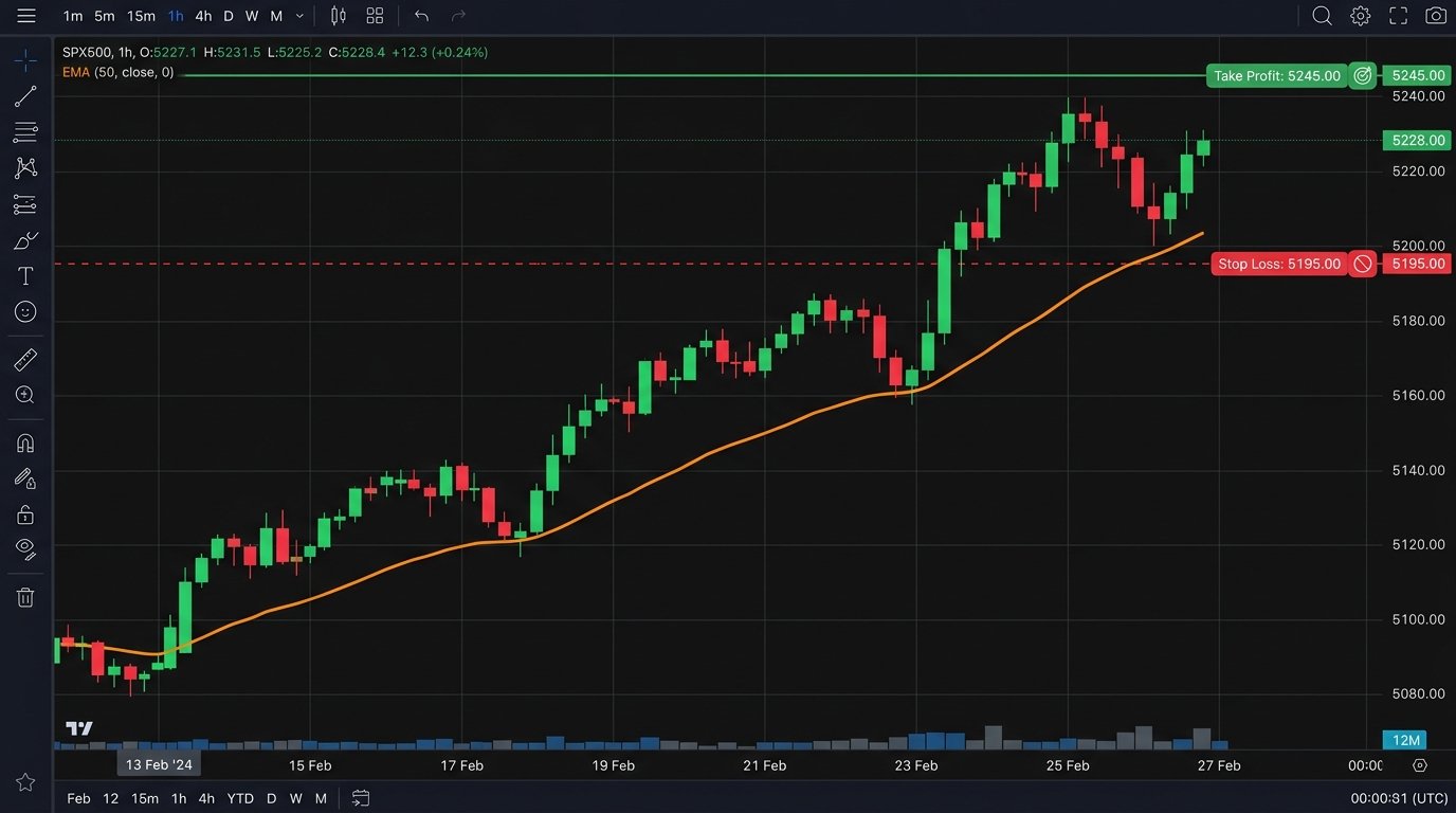 Biểu đồ kỹ thuật Dark Mode minh họa hệ thống Trend Following Pullback bám đường EMA 50 với điểm vào lệnh, Stop Loss và Take Profit 2.5R