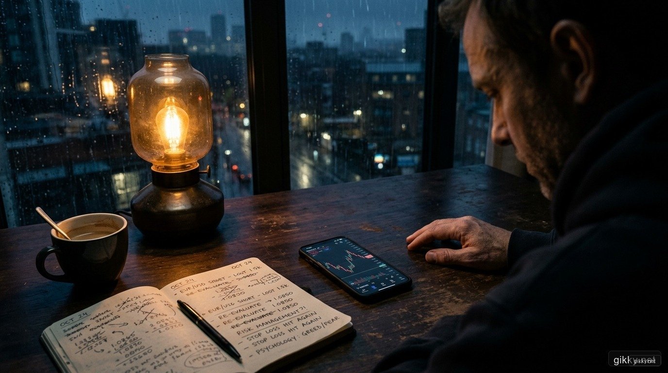 Góc bàn làm việc trader đêm muộn và bài kiểm tra giấc ngủ về kích thước vị thế
