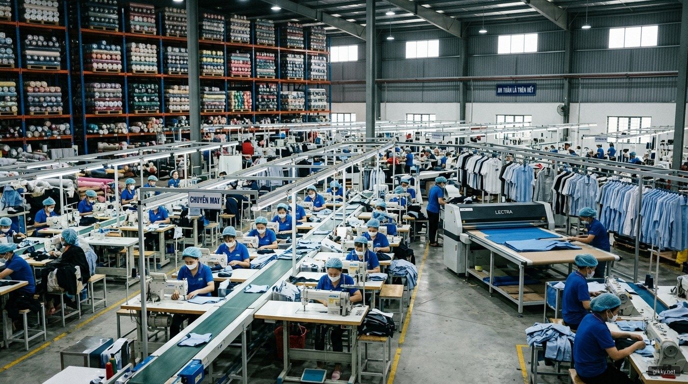 Dây chuyền sản xuất may mặc và gia công xuất khẩu với nguồn nguyên phụ liệu nhập khẩu