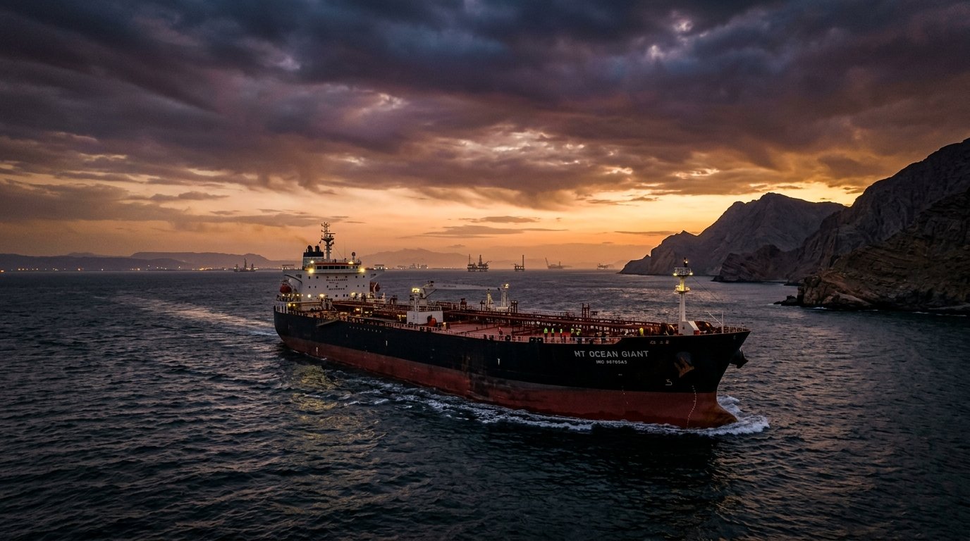 Siêu tàu chở dầu thô vượt qua vùng biển eo biển Hormuz tại Trung Đông trong bối cảnh căng thẳng địa chính trị