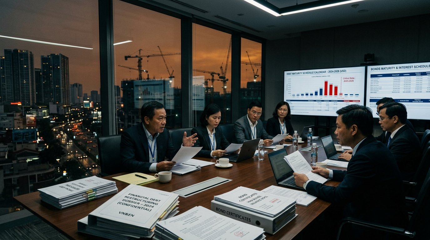 Phòng họp đàm phán tái cấu trúc nợ tài chính với hồ sơ trái phiếu và biểu đồ lịch đáo hạn trong ánh hoàng hôn