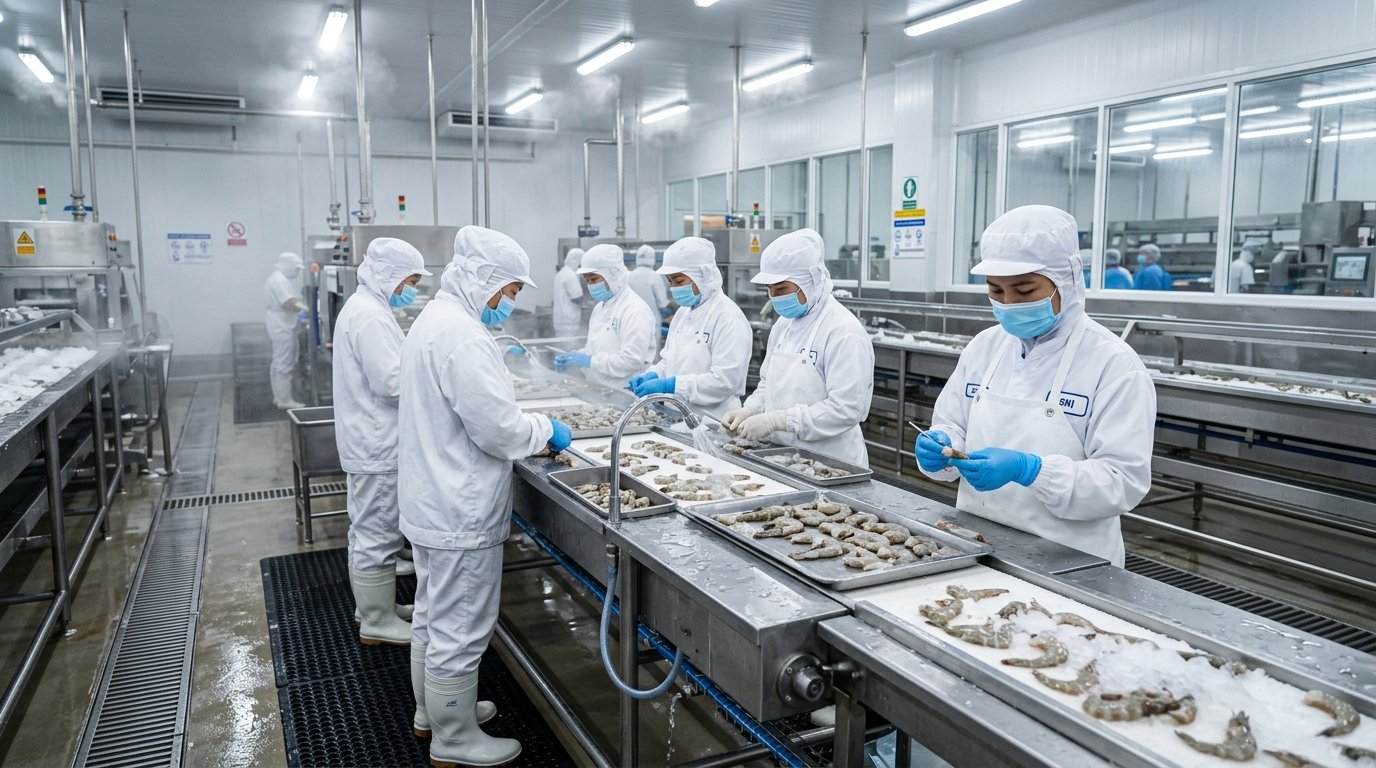 Dây chuyền chế biến tôm xuất khẩu giá trị gia tăng đạt chuẩn quốc tế tại nhà máy thuỷ sản