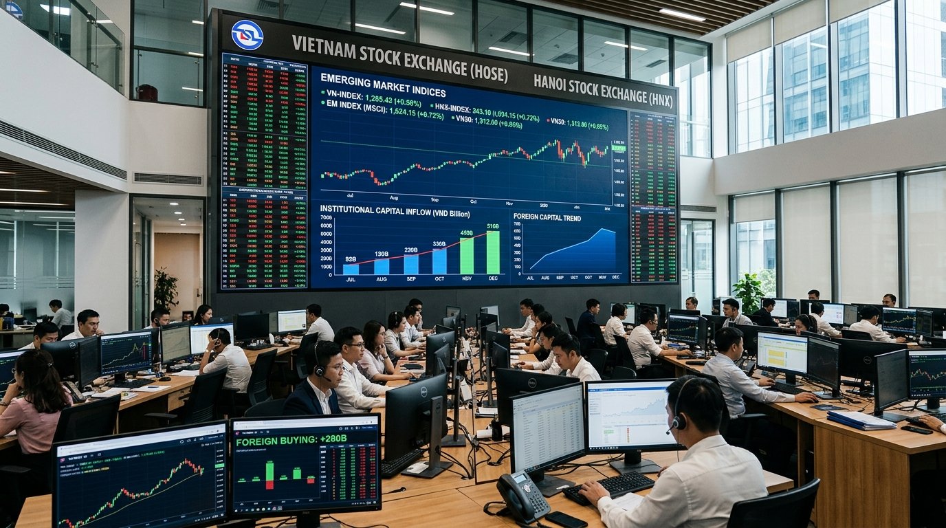 Bảng điện tử sàn giao dịch chứng khoán hiển thị các chỉ số thị trường mới nổi và dòng vốn của các định chế tài chính