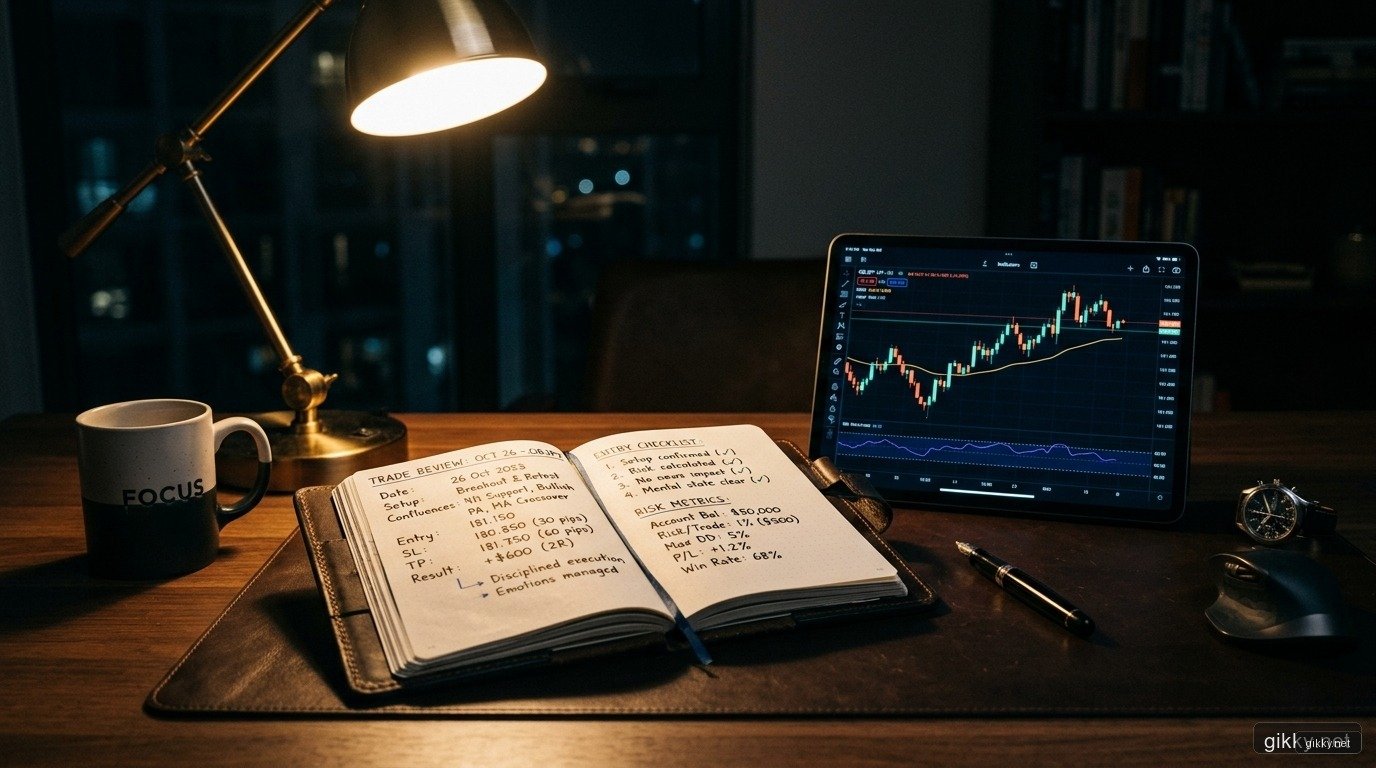 Góc bàn làm việc đêm muộn của trader với cuốn nhật ký giao dịch và biểu đồ tài chính