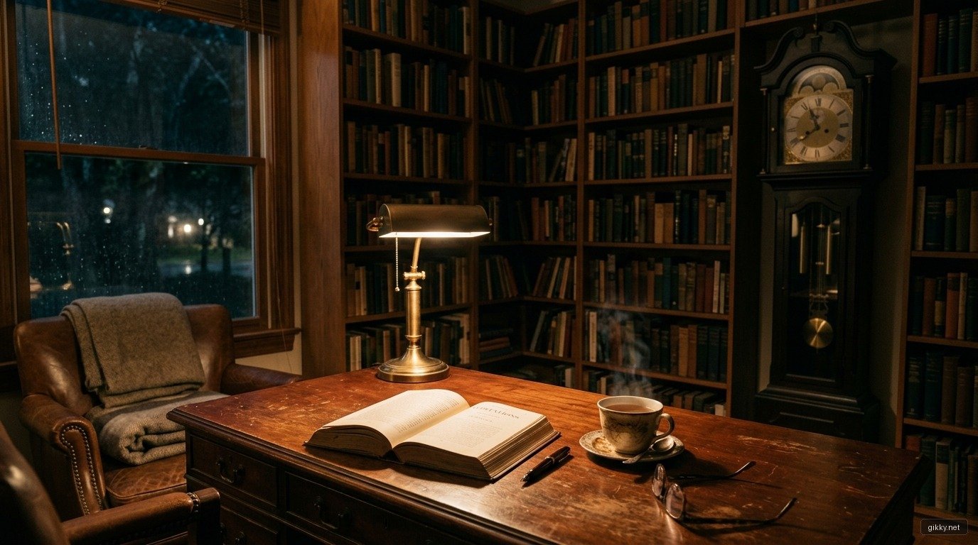 Không gian phòng đọc sách đêm muộn và tác phẩm kinh điển The Psychology of Money